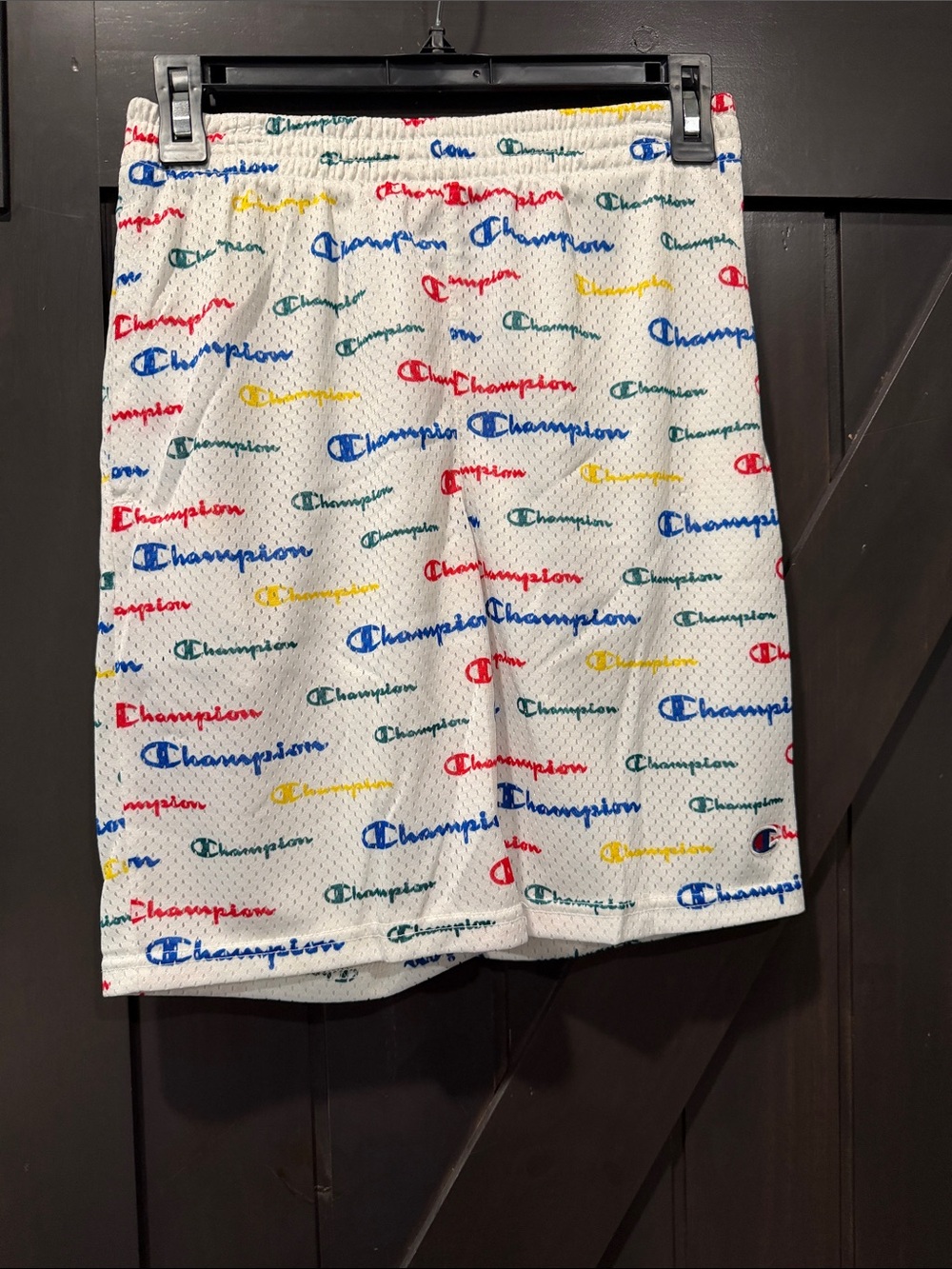 *4/$20 Champion White Mesh Shorts with Multicolor Script Logos